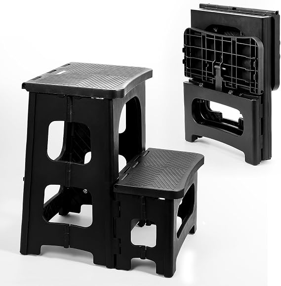 2 Step Stool Foldable for Adults, Plastic Folding Step Stool, Black