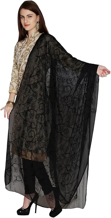 DUPATTA BAZAAR Women's Embroidered Black Chiffon Dupatta