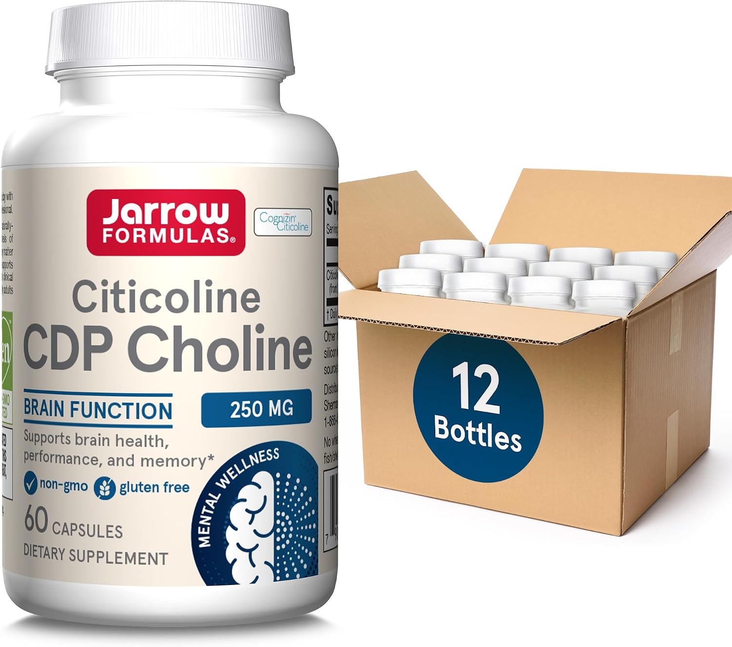 Jarrow Formulas CDP Choline Capsules, 250 mg Dietary Supplement for Memory and Brain Health, 60 Veggie Capsules, 60 Day SupplyPack of 12
