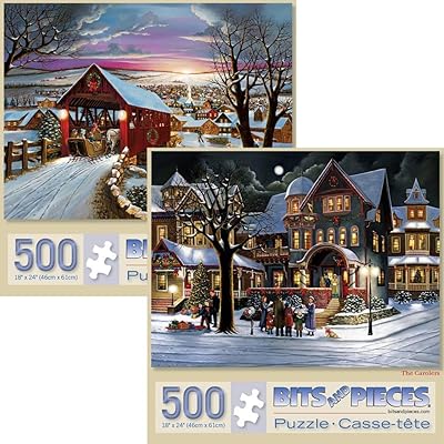 Bits and Pieces Value Set of Two 500 Piece Jigsaw Puzzles for Adults The Joys of Christmas, Winter Holiday Jigsaw Puzzles by Artist H. Hargrove, Completed Puzzle Size: 18 x 24