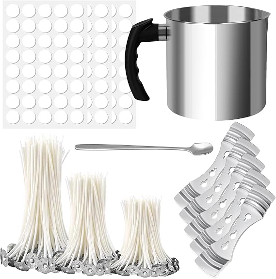 Waltool 247Pcs Candle Making Accessories Set Contains 304 Stainless Steel 44oz Double Boiler Wax Melting Pot, Spoon, 4" 6" 8" Cotton Candle Wicks, Wick Stickers for Coconut Soy Wax Beeswax