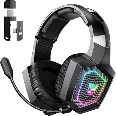 2.4GHz Wireless Gaming Headset for PC, Ps4, Ps5, USB & Type-C Gaming Headphones with Detachable Microphone, Bluetooth 5.4 Over Ear Gamer Headset Compatible for Switch, Laptop, Mobile, Mac, RGB Light