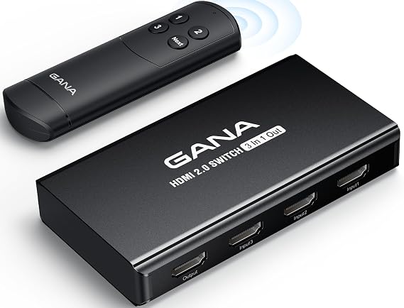 HDMI Switch 3 in 1 Out 4K@60Hz, GANA HDMI Splitter Switcher with Remote, Aluminum HDMI 2.0 Switch Box Hub for 3D, HDCP2.2, HDR, Compatible with Xbox, PS5/4/3,Fire Stick,Roku,Blu-Ray Player, Black