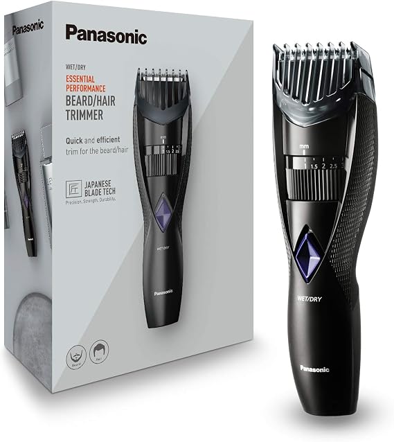 Panasonic ER-GB37 Wet & Dry Electric Beard Trimmer for Men with 20 Cutting Lengths, Standard UK 3pin plug, Black, 40 min usage