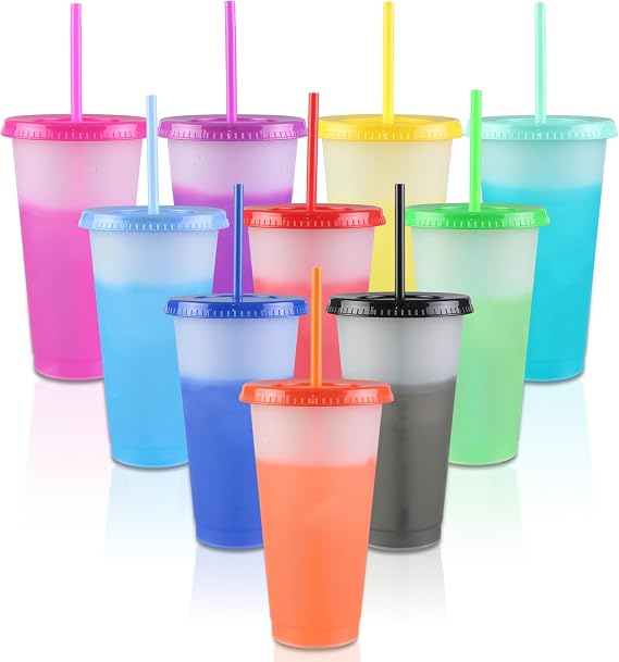 24oz Color-Changing Reusable Plastic Cups with Lids & Straws - 10 Pack Bulk Party Cups for Adults, Iced Coffee, Tea, Smoothies (BPA-Free, Durable, Leak-Resistant)