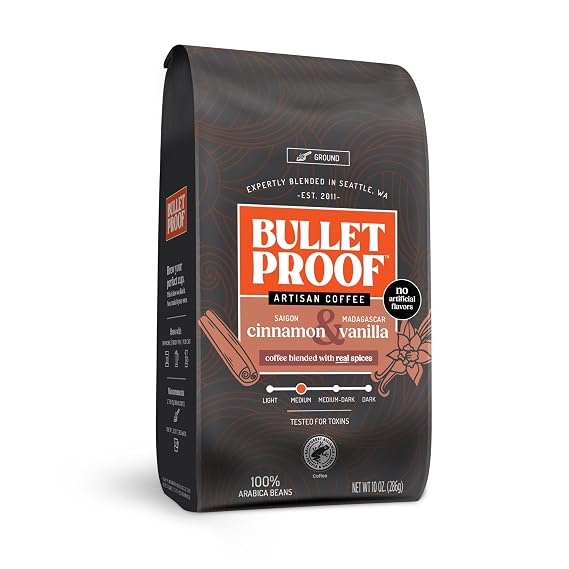 Bulletproof Cinnamon & Vanilla Flavored Medium Roast Ground Coffee, 10 Oz | No Artificial Flavors, Clean Coffee Sustainably Sourced, 100% Arabica Coffee, Tested for Toxins