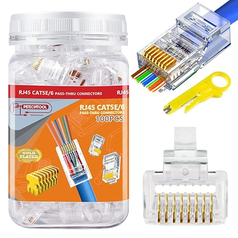 RJ45 CAT6 Connector End Pass Through Ethernet Cat6 Ends 8P8C Modular Plug for Solid or Stranded UTP Ethernet Cable ( 100 Packs - with Wire Stripper