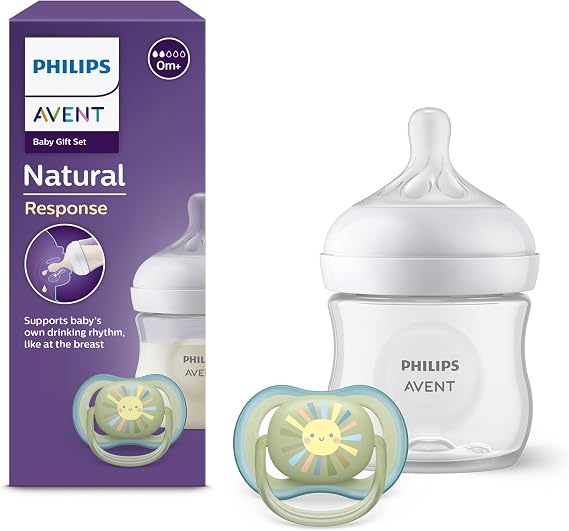 Philips Avent Natural Response, set de regalo para bebés: biberón Natural Response de 125 ml con tetina T2 (para bebés de 0 meses o más), chupete Ultra Air, modelo SCD837/10