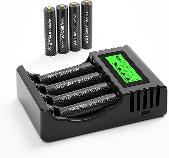 POWEROWL Rechargeable AAA Batteries PRO w/ 4 Bay Charger, High Capacity 1100mAh, Premium NiMH Triple A Battery -8 Count