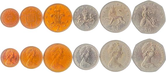 6 Coins from United Kingdom | British Coin Set Collection 1/2 1 2 5 10 50 New Pence | Circulated 1968-1981 | Elizabeth II | Lion | Portcullis | Britannia