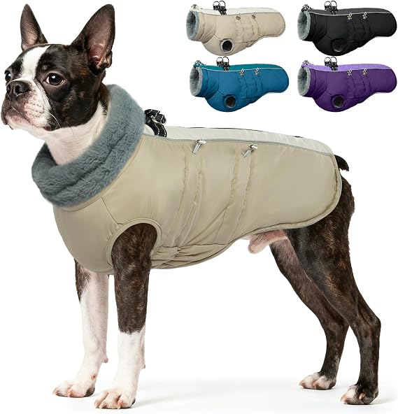 IDOMIK Warm Dog Coat with Harness, Waterproof Reflective Dog Jackets for Small Dogs, High Collar Winter Fleece Jacket Vest with Back Zipper, Pet Winter Coats Clothes for Cold Weather,Khaki S