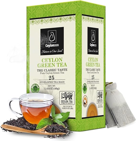 Premium Ceylon Green Tea Classic Taste 25 Individually Foil-Wrapped Tea Bags, Fresh Rich Flavor of Natural Green Tea Leaves