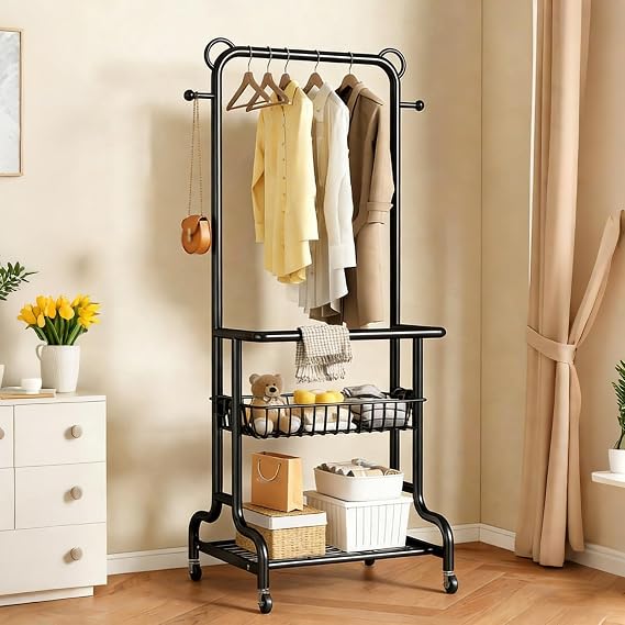 Metal Clothes Rack with Wheels,Metal Garment Racks with Hooks & Bottom Shelf,Rolling Coat rack for Hanging Clothes,Bedroom Living Room Storage Organizer,Black/White(Black,40cm(15.7in))