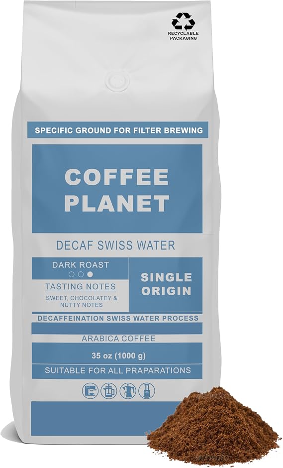 Coffee Planet | Decaf Swis Water Filter Coffee - 1kg Dark Roast | Made from Arabica Coffee Beans | Rich Flavoured