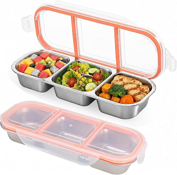 Stainless Steel Snack Box with 3 Compartments, 2 Pack Bento Box Lunch Container with Lid, Leakproof Stainless Steel Bento Lunch Boxs Reusable Food Storage Containers for Candies Spices Nuts Cookies