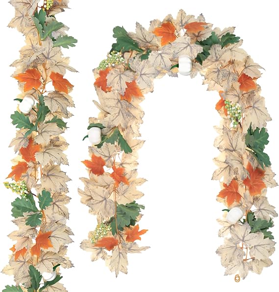 2Pack 5.9ft Artificial Fall Maple Leaf Garland, Autumn Vine Wreath with Foliage for Thanksgiving Halloween Christmas Decor Wedding Fireplace Mantel Home & Party Decor (2Pack-White/Green)