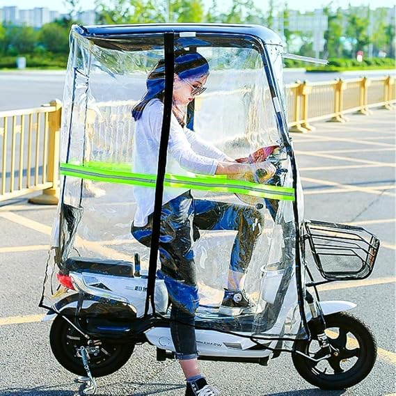 Electric Cycling Bike Rain Canopy Cover - Universal Fully Enclosed Motor Scooter Transparent Curtain with Sunshade and Rearviewmirror - Ideal Mobility Scooter Sunshade Rain Cover in White