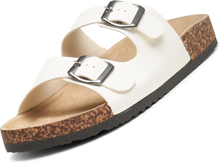 Alpine Swiss Womens Double Strap Contour Sandals | Adjustable Buckle Slides | Vegan Leather Footbed Sandals | Ergonomic Cork-Inspired Sole | Casual Summer Footwear Slip On Slides with Buckles