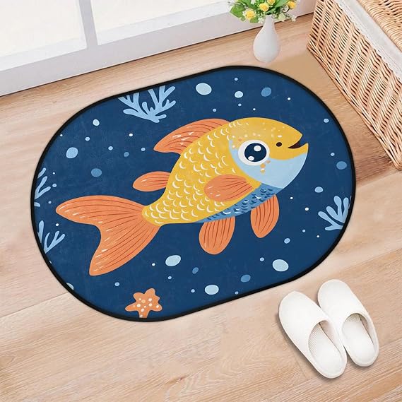Oval Absorbent Doormat Multi Color Fish Soft and Fine Texture Resistant to Pilling Fade Resistant and Non Slip 15.55 x 24.41 inches Pigeon Blue