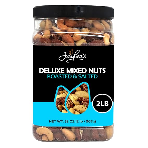 Mixed Nuts Deluxe - Roasted & Salted | 32 oz Reusable Container | Healthy Gourmet Variety Snack Mix with Cashews, Almonds, Brazil Nuts, Pecans, Hazelnuts (No Peanuts) Holiday Gifts | Keto, Vegan Friendly, Healthy Nut Mix | Jaybee's