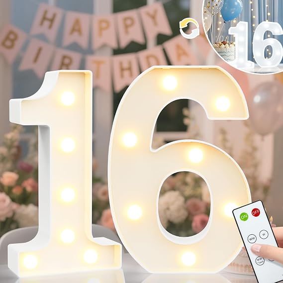 Light Up Numbers Birthday Decorations, Marquee Number Lights Sign with Remote, Lighted Numbers for 16th Birthday Wedding Anniversary Party Backdrop Wall Decor, Cool White and Warm White Number 16