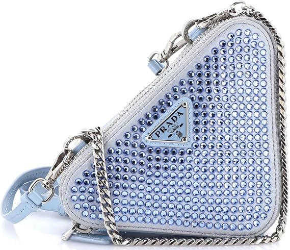 Pre-Loved Triangle Double Pouch Crossbody Crystal Embellished Satin Mini, Blue