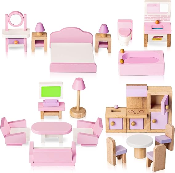 Wooden Dollhouse Furniture Set, 22 Pcs Miniature Dollhouse Accessories