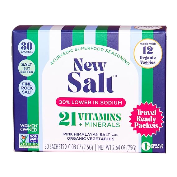 Spicewell - New Himalayan Pink Salt Travel Ready Packets - Boosted with 21 Plant-Based Vitamins & Minerals, 30% Less Sodium than Table Salt - 30 Count