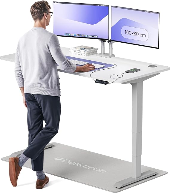 Desktronic HomePro Standing Desk – 160 x 80 cm Height Adjustable Desk with Electric Dual Motor, Touchscreen Controller &amp; Integrated USB/USB-C, 3 Memory Presets