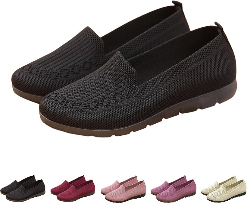 Women's Knitted Flat Shoes Extra Wide Eee Fit Lightweight Comfortable Loafers Women Footwear Slip on Casual Breathable Mesh Walking Shoes Low-Top Round Toe Trainers Clearance Gifts