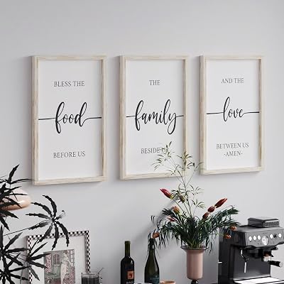 Set of 3 Bless The Food Before Us Sign Dining Room Wall Decor 12”x16” Farmhouse Kitchen Wall Decoration for Dining Room Wall Art Framed Wood Signs bless food sign white