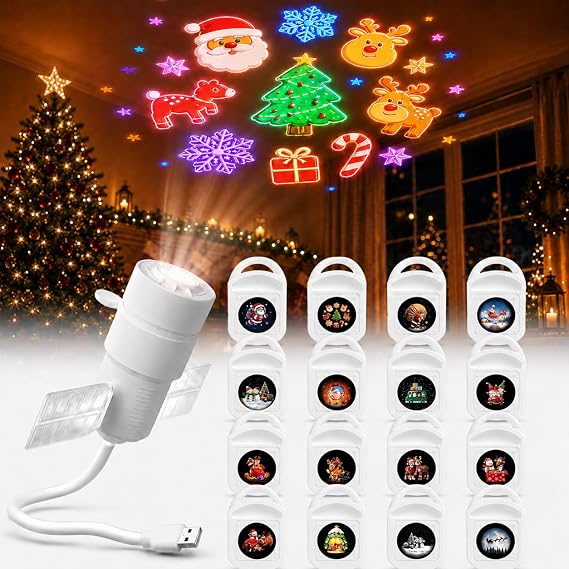 Christmas/Halloween Holiday Projector Lights Indoor with 6/8/14 Films, USB Design 360Adjustable Plug and Play Holiday Projector Night Light (Christmas, Films*14/16)
