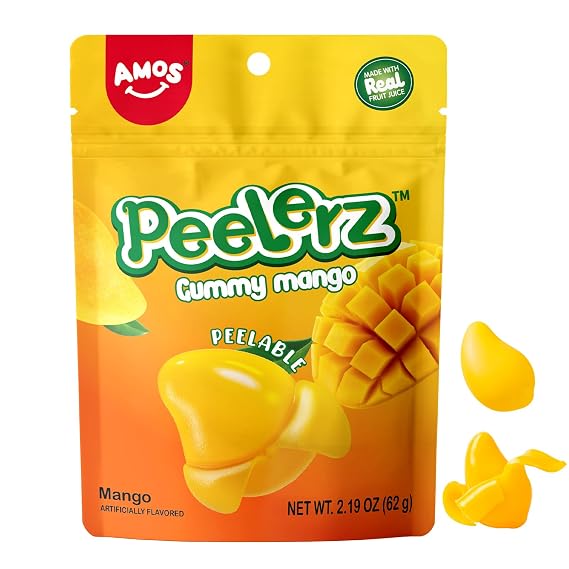 Amos Peelerz Mango Gummy Candy, Peeleble Gummy Mango Peeling Candy,Resealable 2.19oz Bag (Pack of 8)