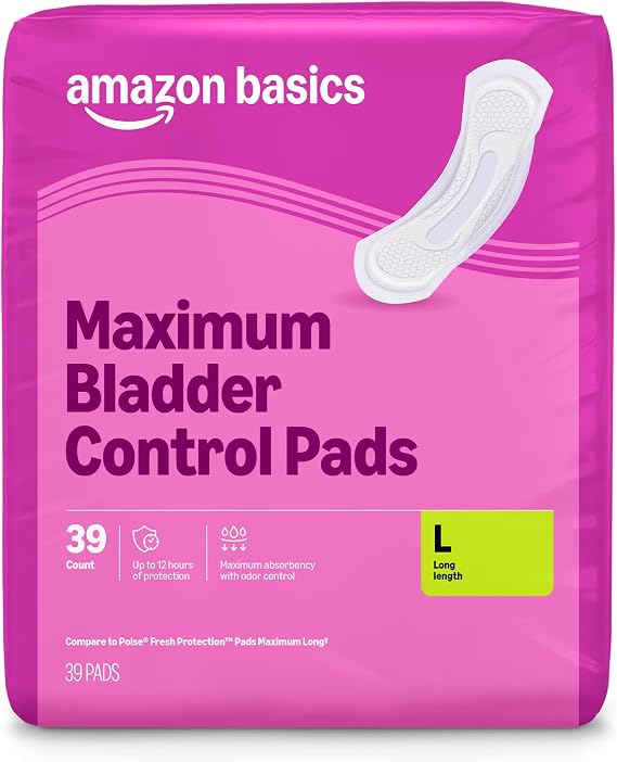 Amazon Basics Incontinence Pads for Women, Postpartum, Long, Maximum Absorbency, Bladder Control, Unscented, 39 Count, Packaging May Vary
