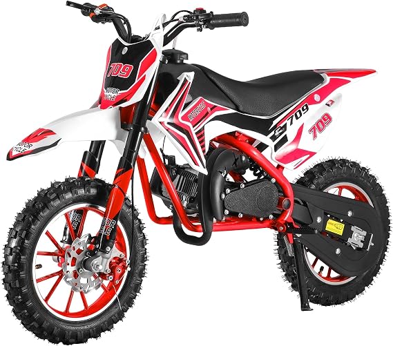 Mini Dirt Bike Gas Powered Dirt Bike for Adult & Kids Dirt Bike 49cc Dirt Bike Mini Bike Gas Powered Off-Road Motorcycle with Front Rear Disc Brake, Up to 30KM/H Red