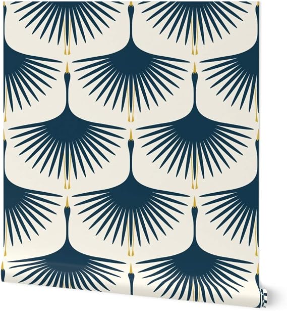 Spoonflower Dark Blue Swans and Pre-Pasted Removable Wallpaper | Roll 24" x 144" | Modern Art Deco Inspired Flying Cranes | Water-activated, simple to install and removable