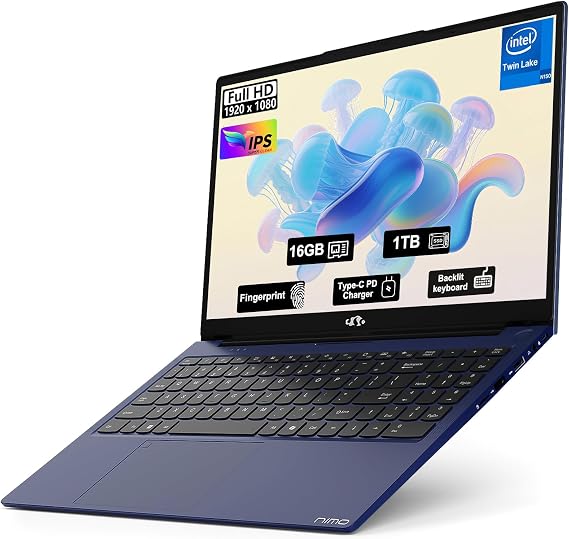 NIMO 15.6" FHD IPS Student-Laptop-Computer - 16GB RAM 1TB SSD, Intel N150(Beat to i3-1115G4, 4 Cores Up to 3.6GHz), 65W Type-C, Fingerprint, Backlit Keyboard, Wi-Fi 6, BT5.2