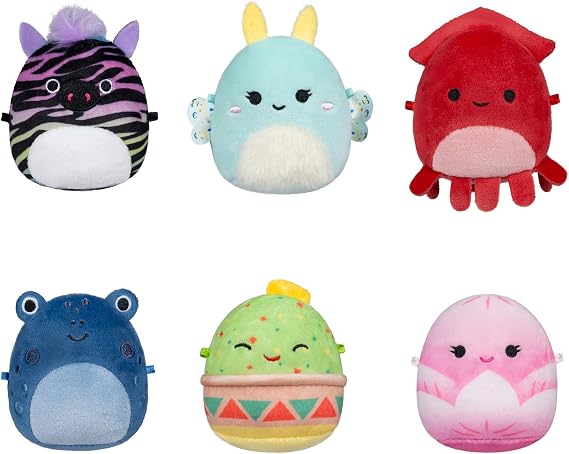 Micromallows Squishmallows Original 6-Pack - Safiya the Zebra, Gideon the Guacamole, Agnolo the Tadpole,Altman the Squid, Connie the Moth, Elin the Lotus