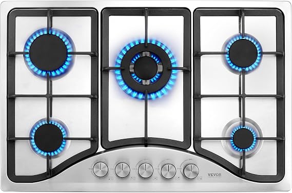 VEVOR 30-inch Gas Cooktop, 5 Burners Built-in Gas Stove Top, Max 12250BTU NG/LPG Convertible Stainless Steel Cooktops, with Thermocouple Protection for Camping, RV, Apartment