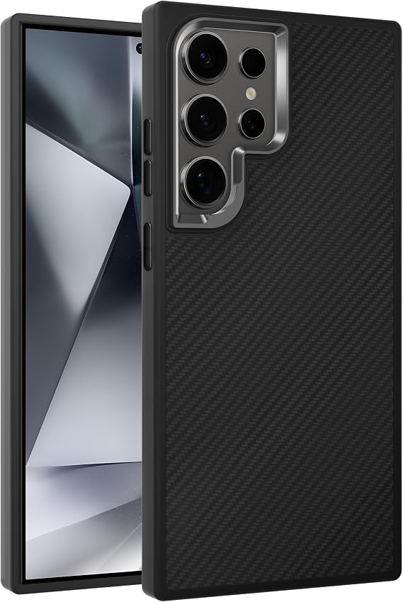 Teknoft Samsung Galaxy S24 Ultra için Karbon Serisi Ultra Güçlü Metal Tuşlu ve Lens Çerçeveli Darbe Emici Karbon Fiber Görünümlü Silikon Kılıf (Siyah, Galaxy S24 Ultra)