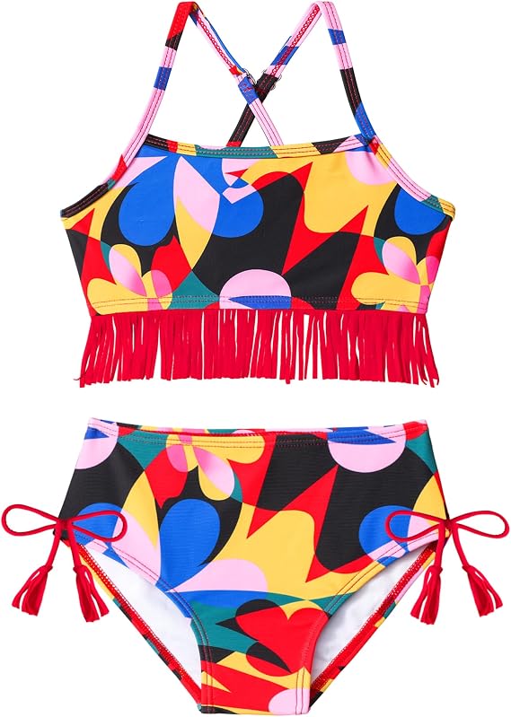 Girls Swimsuit, 3-7T Bikini Set with Tasseled Hem Quick Dry Two Piece Beach Girls' Swimwear