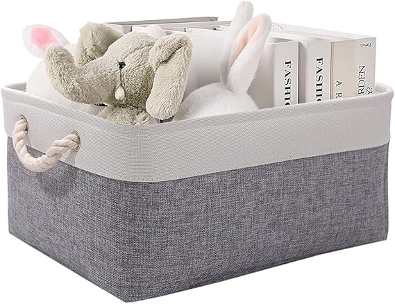 Small Fabric Storage Basket, Waterproof Foldable Storage Baskets, Canvas Storage Boxes for Wardrobe, Bedroom, Office Products (Grey & White, 12.2x8.2x5.1inch)
