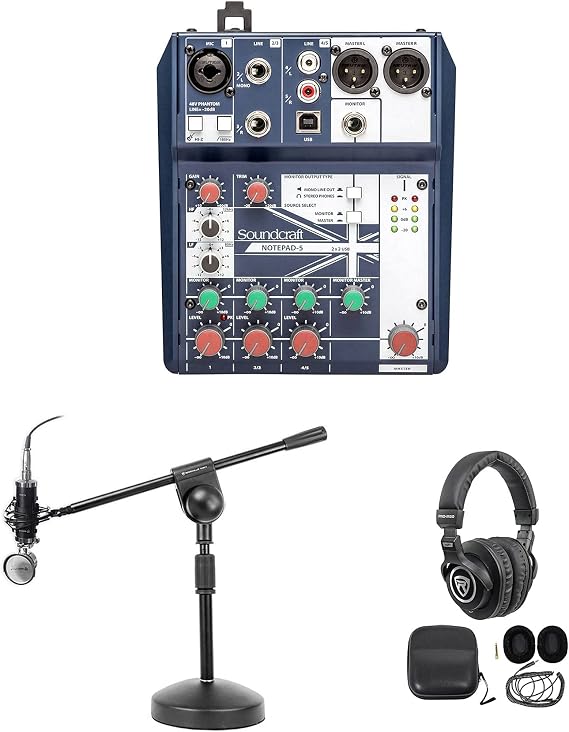 Podcasting Podcast Recording Bundle w/Soundcraft Mixer+Headphones+Mic+Boom Stand