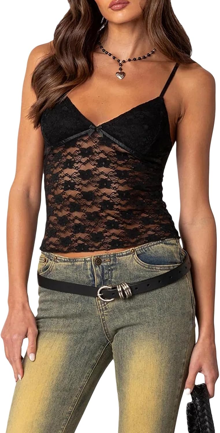 Women Y2K Lace Cami Tank Top Sexy Spaghetti Strap Sheer Mesh Crop Top See Through Backless Going Out Bustier