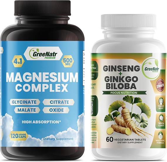 2-Pack Ginseng & Ginkgo Biloba Plus Magnesium Complex for Energy Boost and Support Muscle Function and Sleep