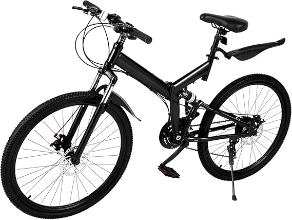 21-Speed Mountain Bike, 26" Wheel Height Adjustable Mountain Bicycle with Suspension, 19" Frame Carbon Steel Folding Bike with Double Disc Brakes, Load Capacity 150kg (Black)