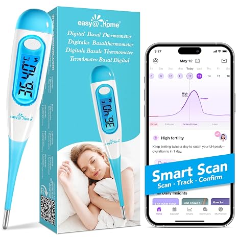 Easy@Home Digital Basal Thermometer with Blue Backlight LCD Display, 1/100th Degree Precision and Memory Recall, NOT Bluetooth Enabled, Blue