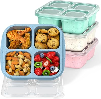 Bento Snack Boxes 4 Pack- Reusable 4-Compartment Meal Prep Containers for Kids and Adults, Perfect Food Storage School, Compact Stackable WheatGreenBluePKBeige