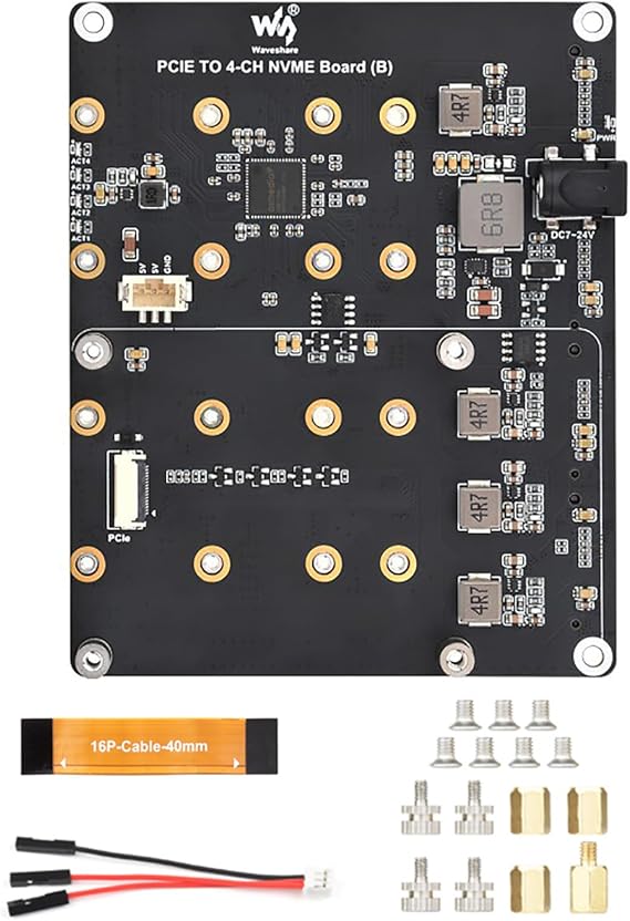 PCIe to 4-Ch NVMe M.2 Adapter Board for Raspberry Pi 5 | 4-Ch SSD Expansion | Boot Support | 7V-24V Power Input | LED Indicators