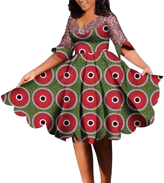 XIAOHUAGUA African Dresses for Women Shine V Neck Wax Print Patchwork Dresses Dashiki African Style Dresses